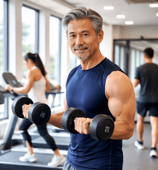 피트니스센터에서 운동하는 중년남성