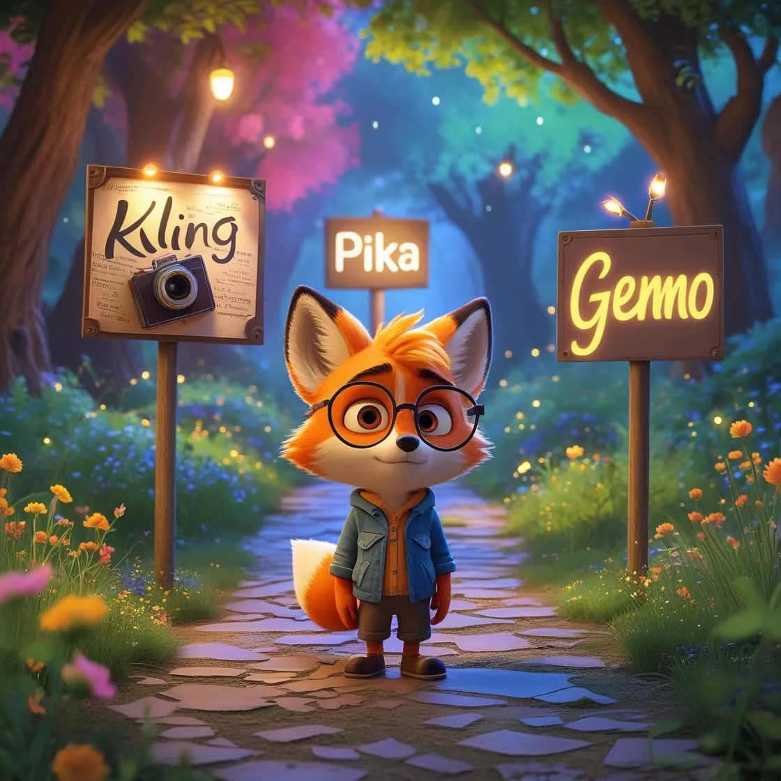 ‘픽사풍 AI 영상툴 선택 갈림길’이라는 문구가 포함된 일러스트 이미지. 이 이미지는 안경 쓴 여우 캐릭터가 세 갈래 길에서 Kling, Pika, Genmo 중 어느 AI 영상툴을 선택할지 고민하는 장면을 픽사 스타일로 표현한 것으로, 블로그의 픽사풍 감성 애니메이션 툴 비교 주제를 직관적으로 전달함 (Pixar-style AI tool selection, Kling vs Pika vs Genmo, video generation choice)