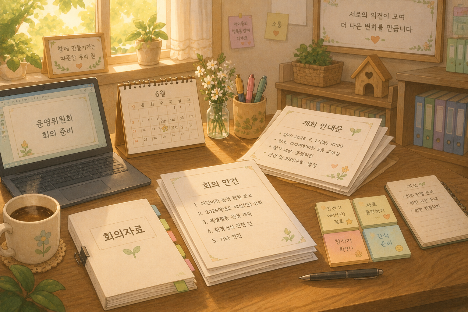 회의 준비가 완료된 아늑한 책상
