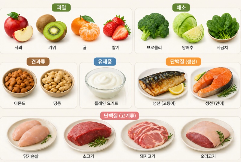 과일 채소 견과류 유제품 생선 고기 등 다양한 식품군 구성 이미지, 영양 균형 식단 설명 자