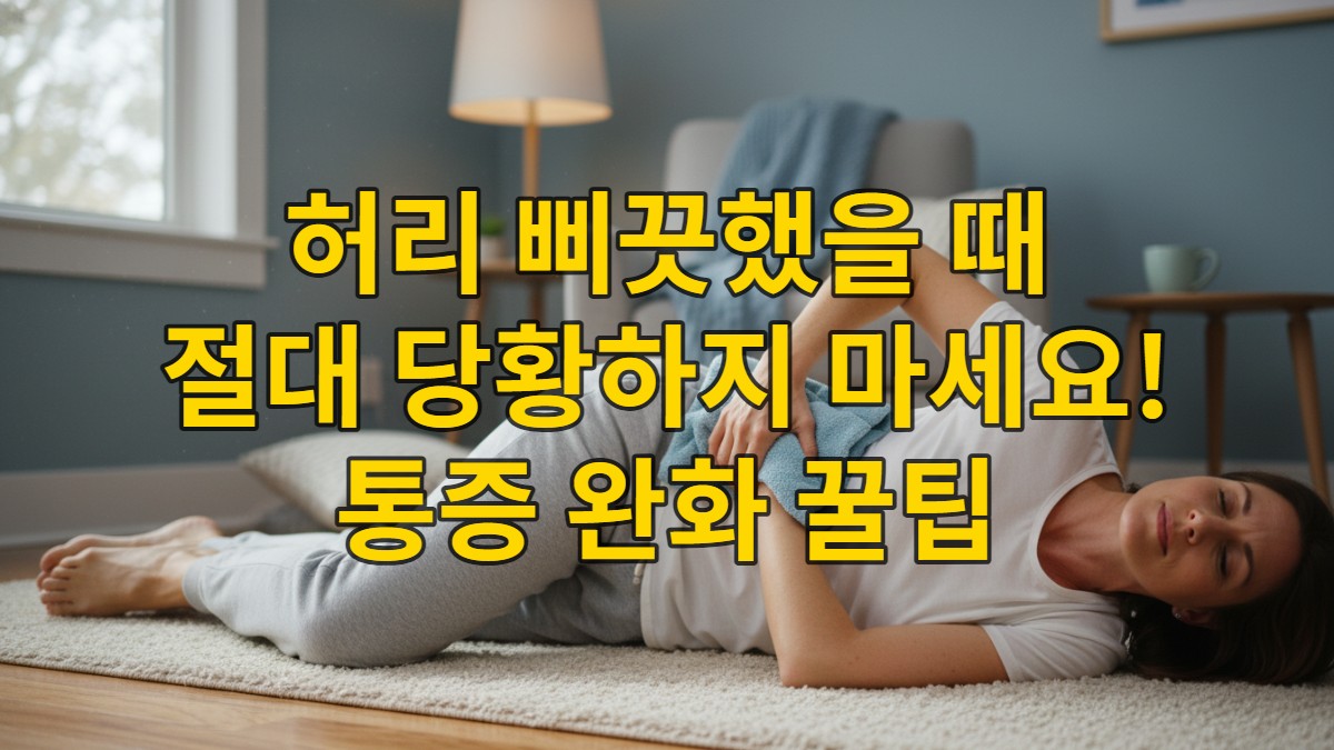 허리 삐끗 시 평평한 바닥에 누워 무릎을 세우고, 수건으로 감싼 냉찜질 팩을 허리에 대고 있는 모습. 급성 허리 통증 완화를 위한 초기 응급처치 자세.