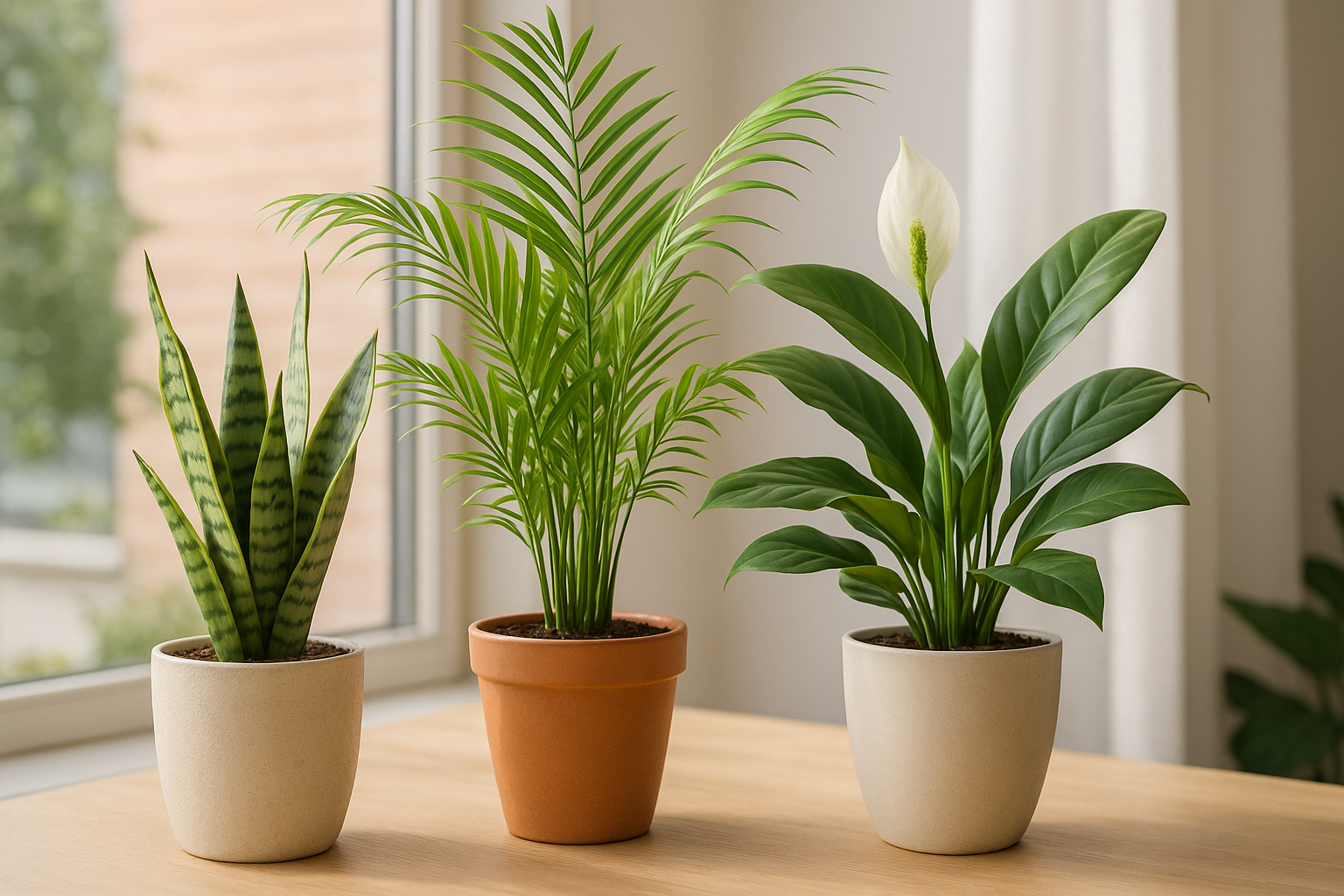 탁자 위에 놓인 공기정화식물 3종의 화분