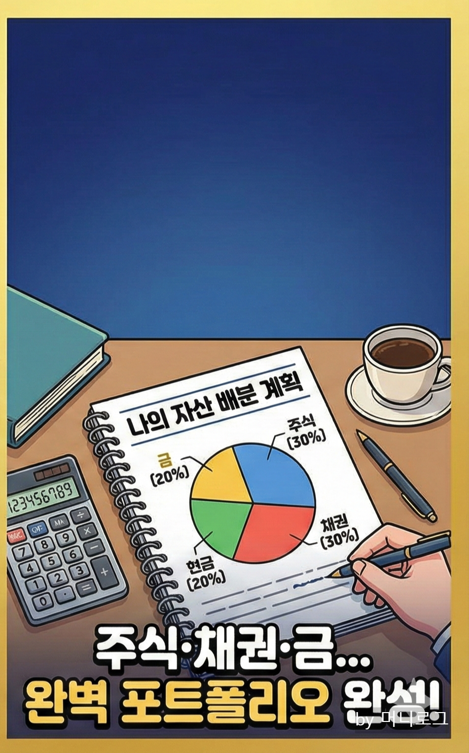 주식·채권·현금·금이 함께 담긴 포트폴리오 노트와 계산기를 놓고 계획을 세우는 장면