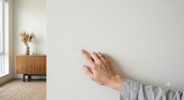 페인트 도장 마감 벽면의 얼룩과 균열 상태를 점검하며 관리하는 모습