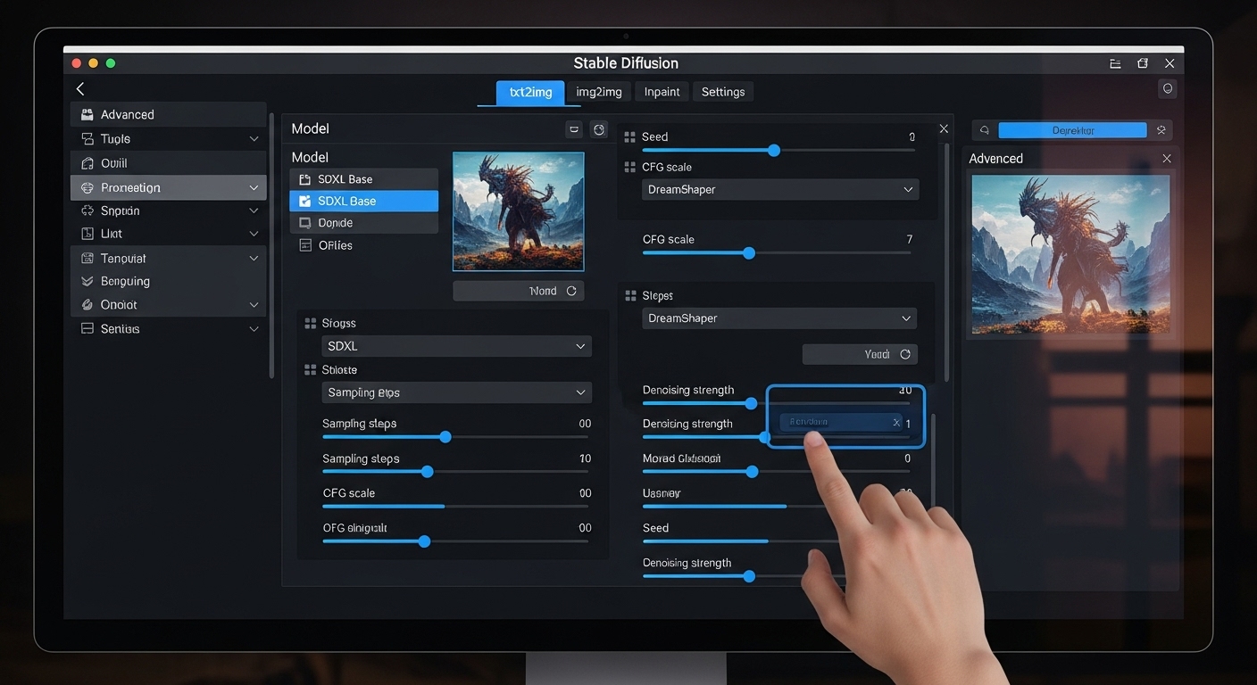 다양한 파라미터와 모델 설정이 보이는 스테이블 디퓨전의 복잡한 사용자 인터페이스 스크린샷.
