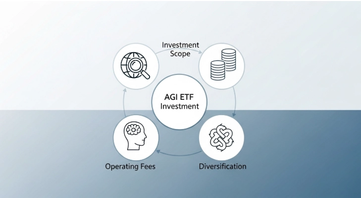 AGI ETF 투자 시 고려사항을 도식화한 이미지. 투자 범위, 운용 수수료, 운용사 전문성, 분산 투자 아이콘이 명확하게 표시되어 있습니다.
