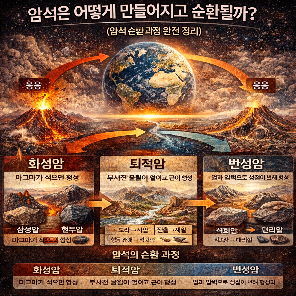 암석은 어떻게 만들어지고 순환될까 (화성암·퇴적암·변성암 핵심 원리 완전 정리)