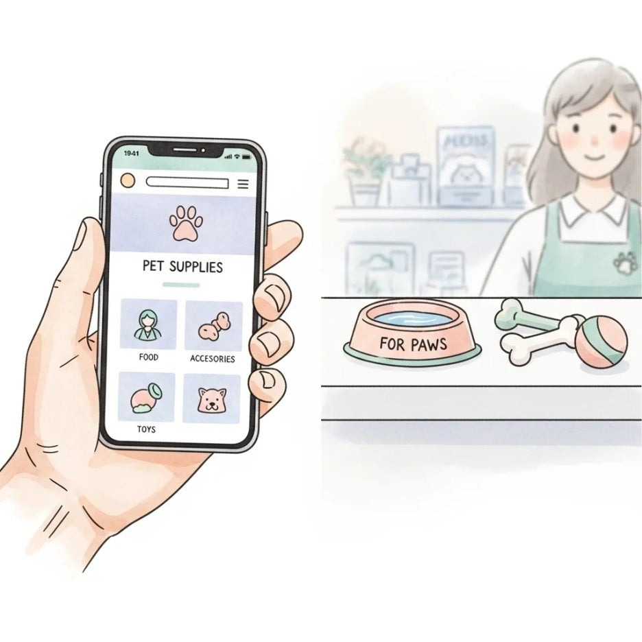 온라인과 오프라인 구매를 고민하는 상황을 묘사