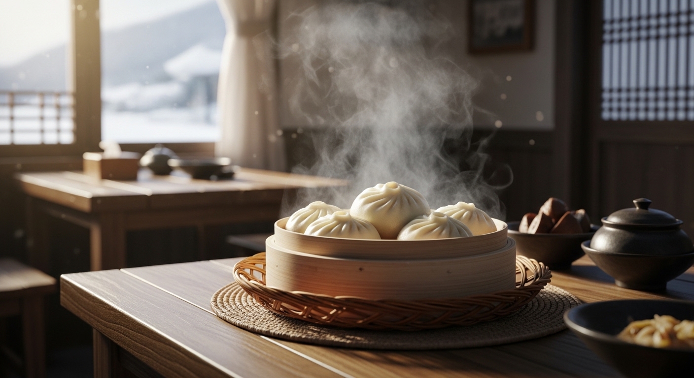 김이 모락모락 피어나는 따뜻한 안흥찐빵이 담긴 대나무 찜기와 배경의 아늑한 노포 식당 풍경.