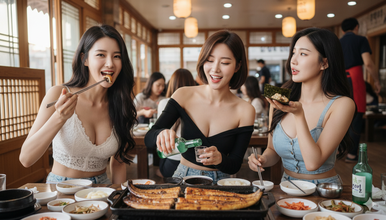 장어구이를 먹는 여자들