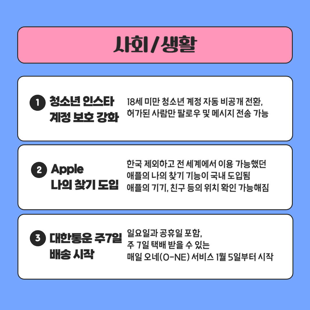 2025 달라지는 것들 청소년 인스타그램 나의 찾기 대한통운