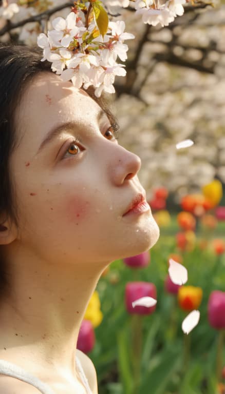 봄 풍경(꽃, 햇살)과 피부 고민(붉은기, 건조함, 뾰루지)을 함께 보여주는 이미지