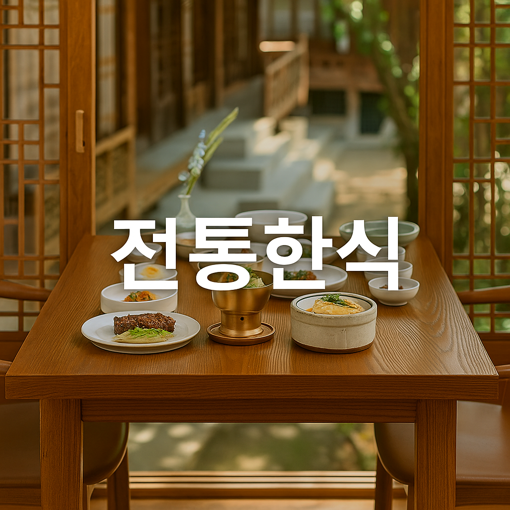 A serene traditional Korean meal set on a wooden table with various side dishes and brassware in a hanok-style room