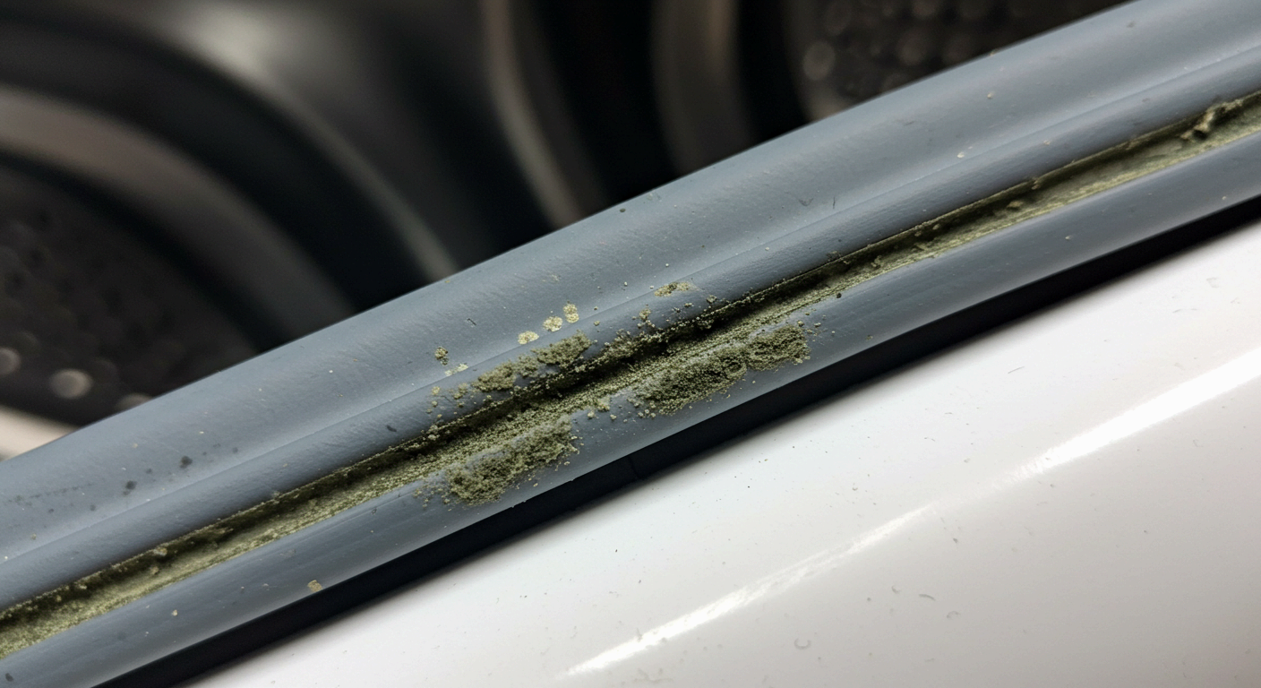 세탁기 도어 고무 패킹에 곰팡이와 세제 찌꺼기가 낀 모습의 근접 사진. 세탁기 내부 청소가 제대로 되지 않아 생긴 오염 상태를 보여줌.