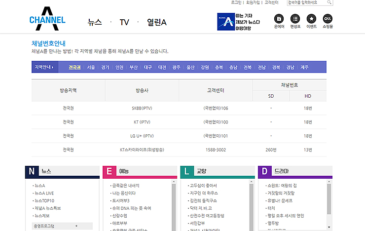 채널A-채널번호안내-페이지