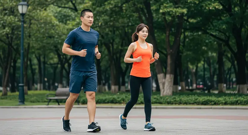 공원에서 인터벌 워킹 운동을 하는 남성과 여성, 뱃살 빼기에 효과적인 유산소 운동 장면