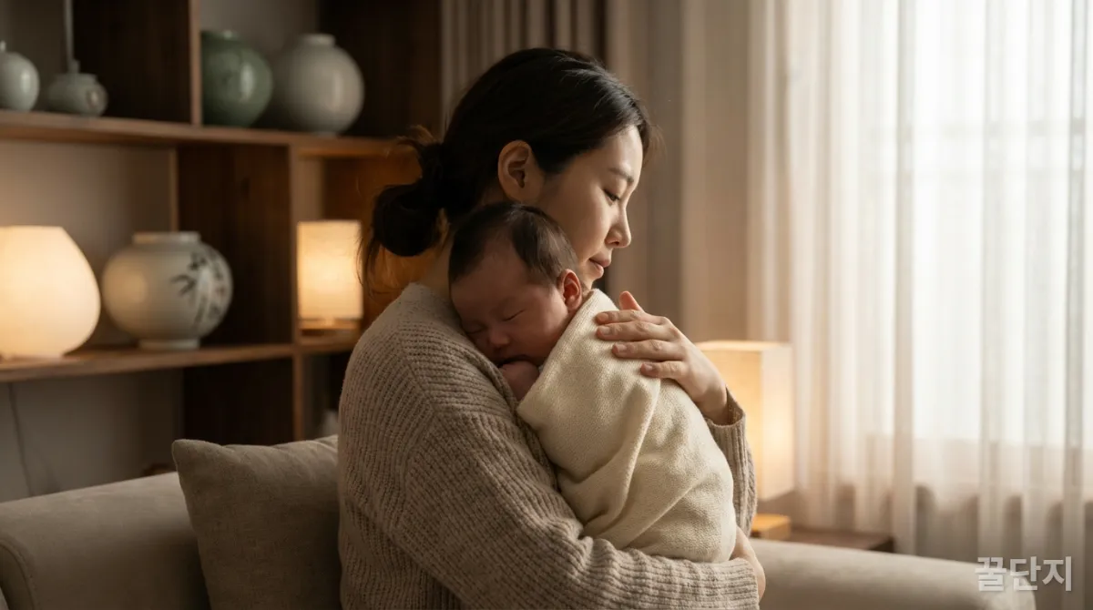 한국인 엄마가 수유 후 아기에게 트림을 시켜주는 모습