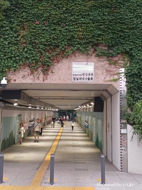 잠실새내역 7번 출구에서 이어지는 잠실 한강공원 물놀이장으로 연결 지하보도 입구 모습