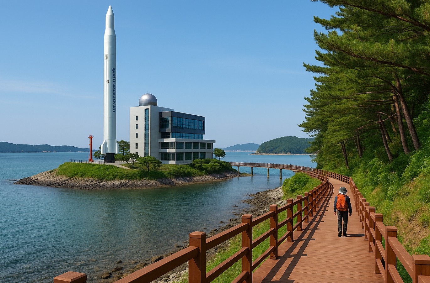 우주센터와 해안길 걷고 있는 중년 남성 사진