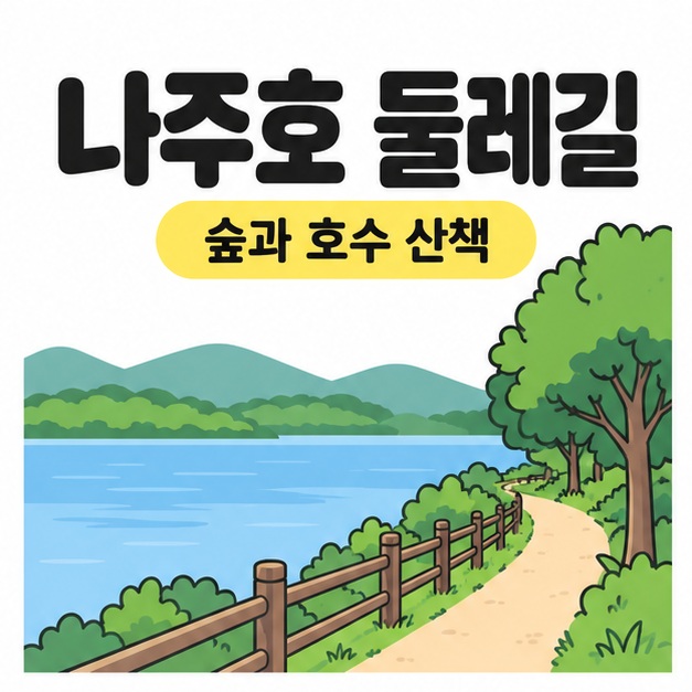 나주호 둘레길 제목 아래 호수와 나무, 난간을 따라 이어지는 산책로를 표현한 설명용 삽화