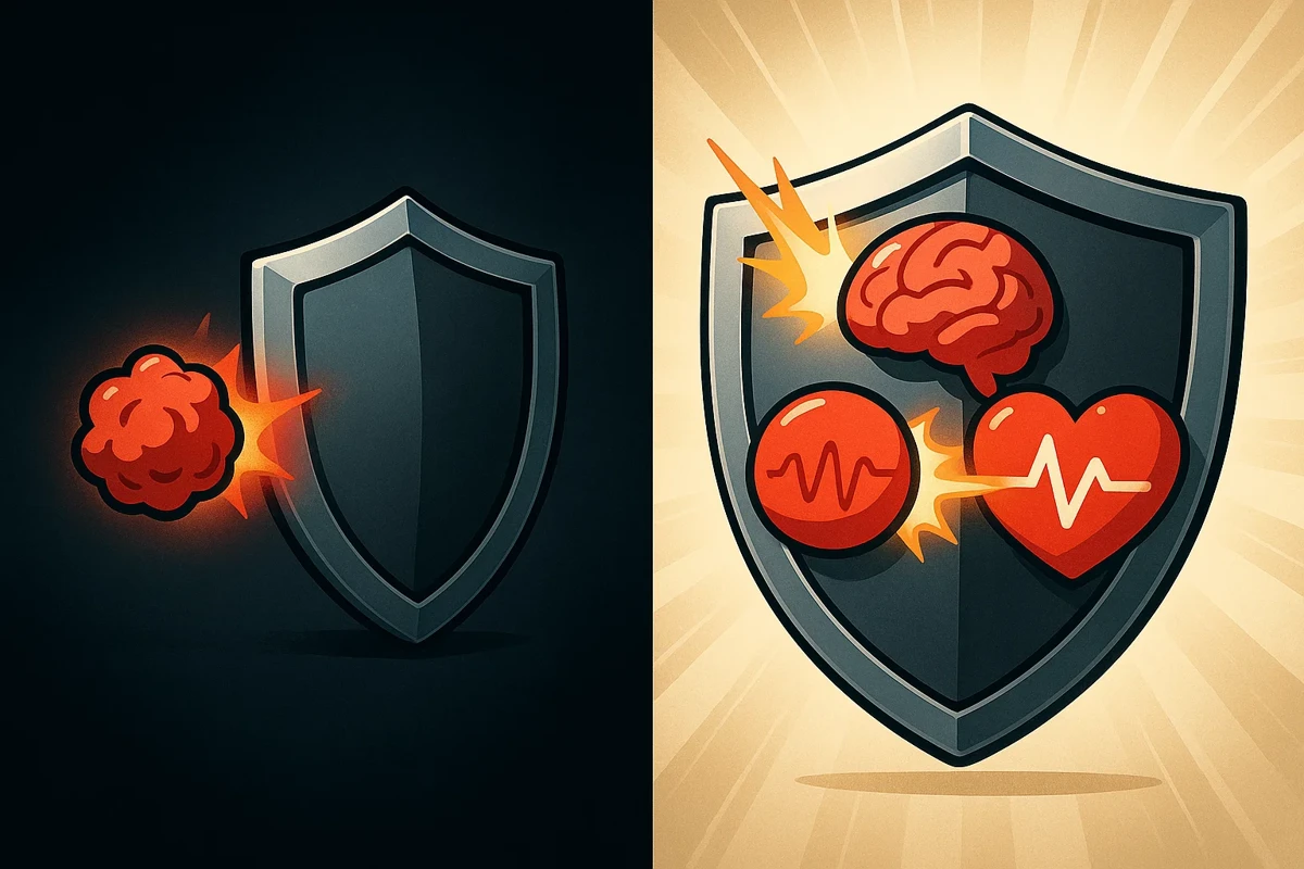암보험과 3대질병보험의 개념을 시각적으로 대비시키는 인포그래픽 이미지. 왼쪽은 '암' 아이콘에 집중된 방패, 오른쪽은 '암, 뇌, 심장' 아이콘을 모두 막는 넓은 방패 이미지