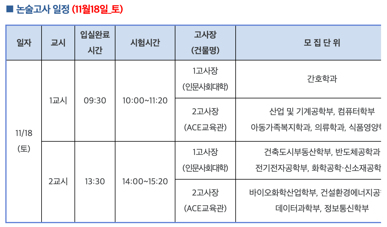 수원대 토요일 논술 시험 일정표
