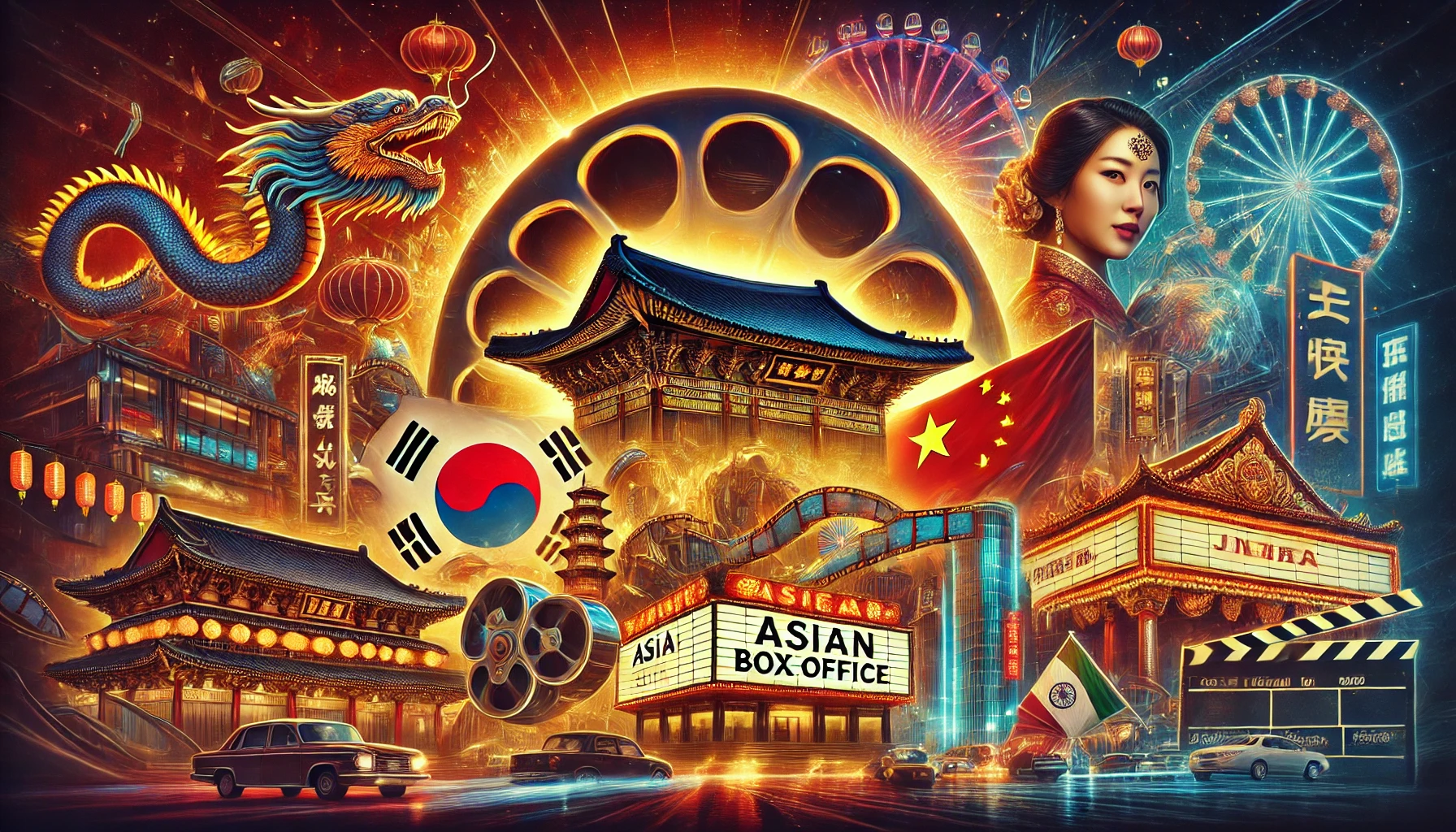 아시아를 대표하는 국가의 상징정인 그림과 건축물 그리고 가운데에는 Asian Box Office라고 적혀있는 사진