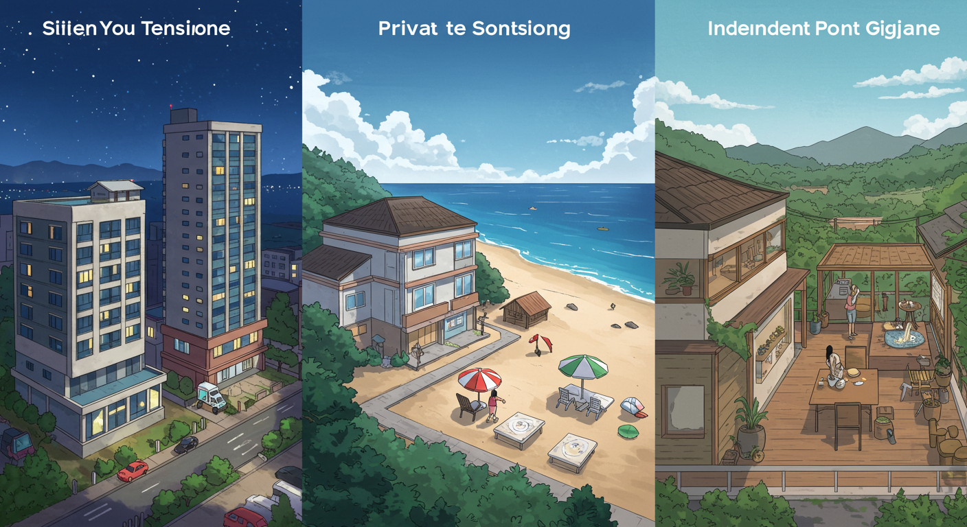 해운대, 송정, 기장 감성 펜션을 비교한 일러스트