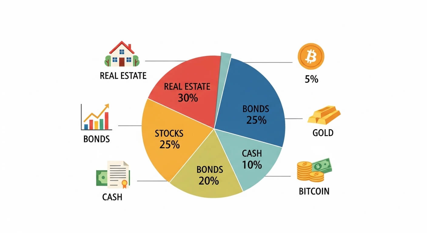 부동산, 주식, 채권, 금, 현금, 비트코인으로 구성된 투자 포트폴리오 자산 배분 원형 차트