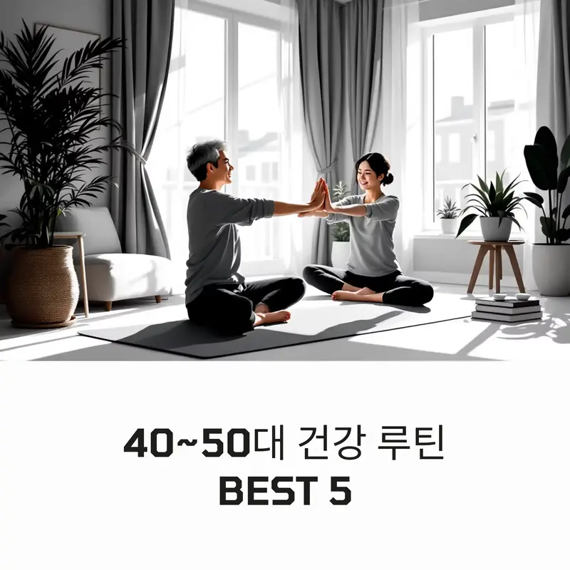 40~50대 중년 부부가 햇살 가득한 거실에서 함께 요가 스트레칭을 하는 모습, 건강한 루틴을 상징