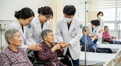 의료진이 고령층 환자의 손을 잡아주는 따뜻한 장면