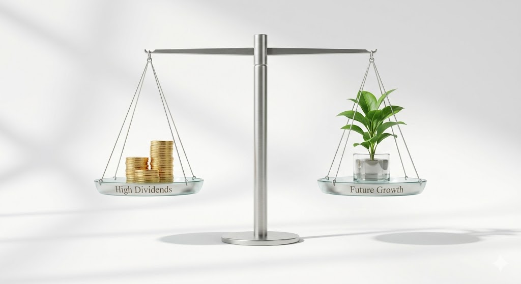 고배당과 미래 성장이 수평을 이루는 3D 저울 그래픽