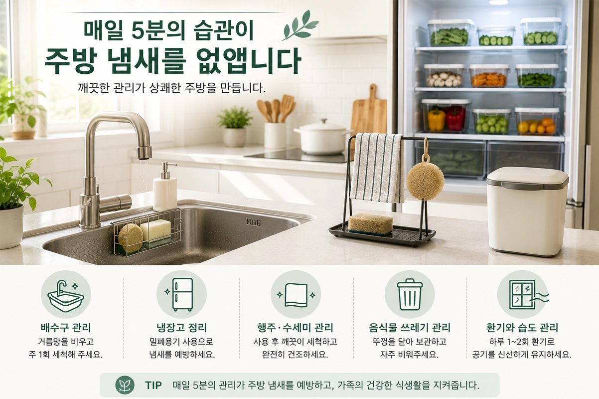 주방 냄새 예방을 위한 매일 관리 습관을 설명하는 이미지로, 배수구 관리, 냉장고 정리, 행주와 수세미 건조, 음식물 쓰레기 관리, 환기와 습도 관리 방법을 한눈에 정리한 인포그래픽
