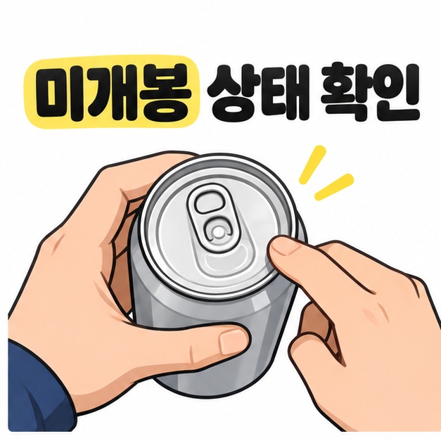미개봉 상태 확인 문구와 함께 손으로 캔의 닫힌 윗면과 따개를 확인하는 모습
