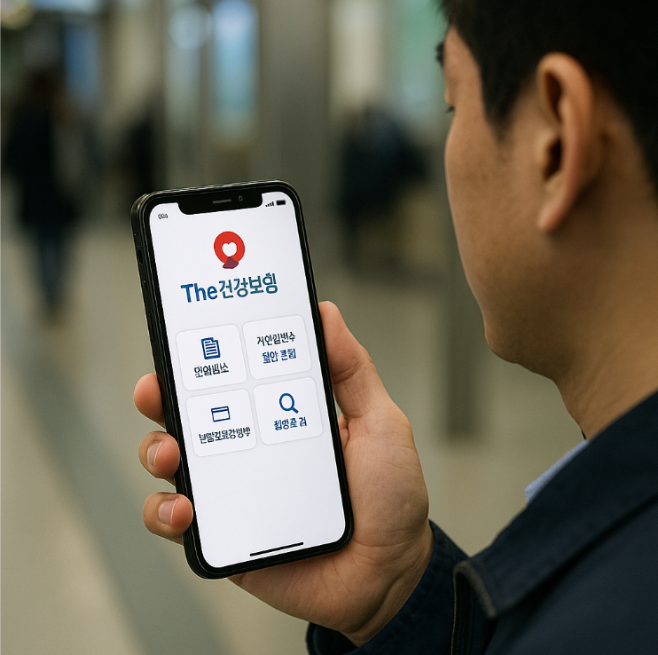 모바일 The건강보험 앱을 들여다보는 남성의 모습