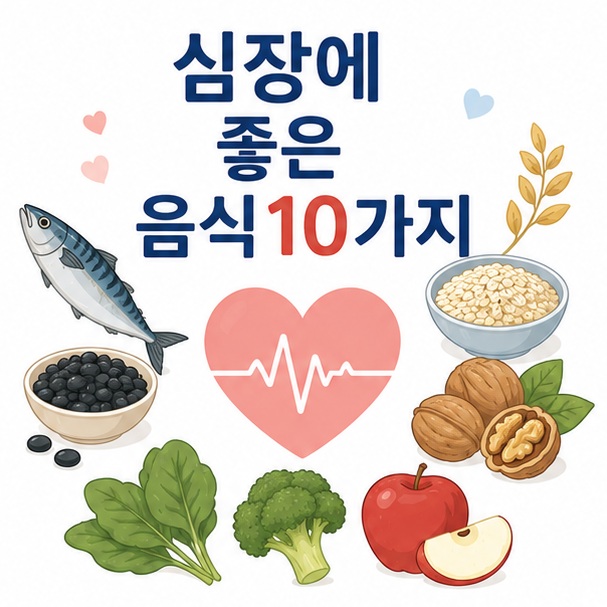 고등어와 귀리, 콩, 호두, 채소와 과일을 심장 아이콘 주변에 배치해 심장에 좋은 음식10가지를 설명하는 대표 이미지
