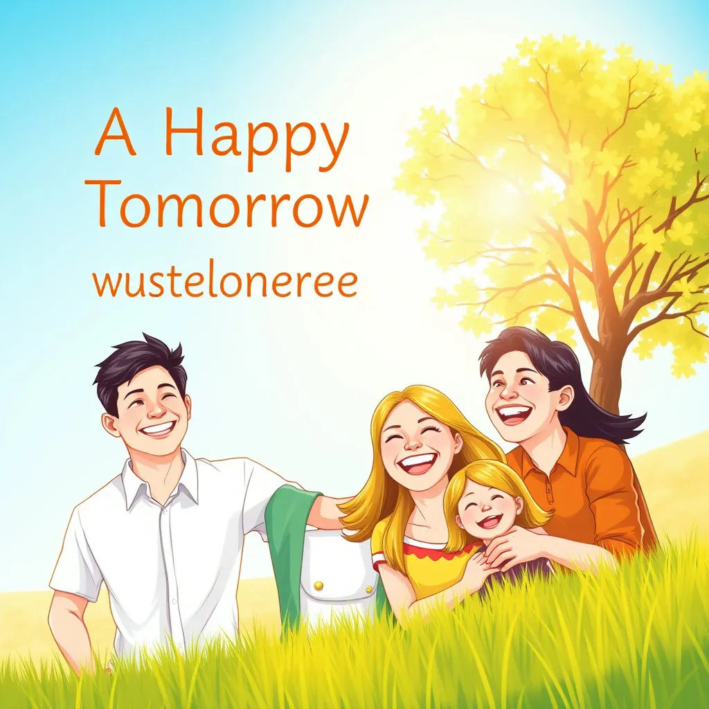 밝고 긍정적인 분위기의 일러스트로, 행복해 보이는 가족이나 개인이 서로 웃으며 지내는 모습입니다. 배경에 햇살과 푸른 하늘, 성장하는 나무 등을 배치하여 삶의 질 향상을 상징합니다. '맞춤 복지로 행복한 내일'이라는 희망적인 문구를 강조합니다.