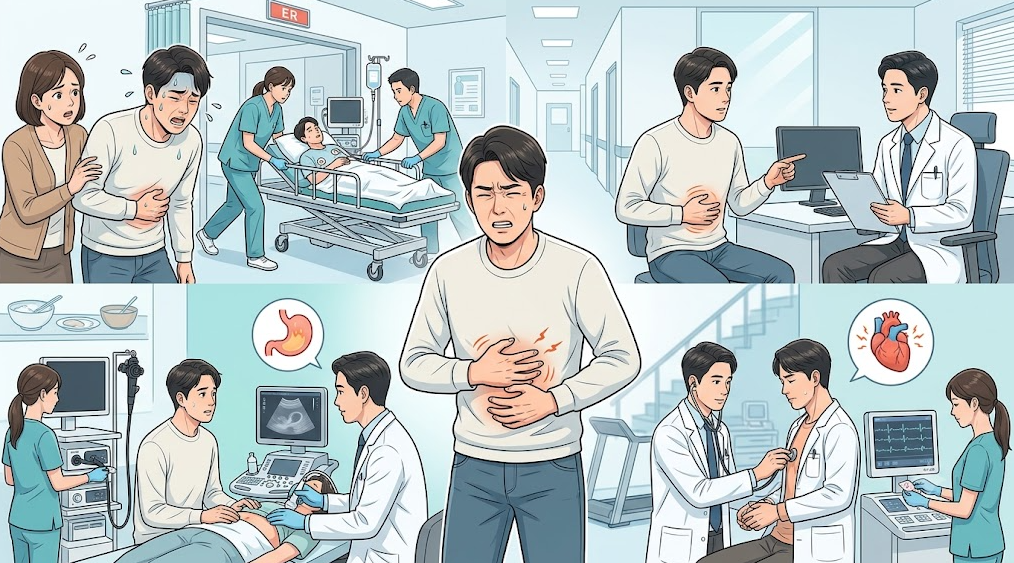 증상 양상과 발생 상황에 따른 응급 진료, 외래 문진, 소화기 진료, 심장 진료 상황 비교 일러스트