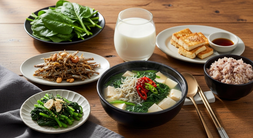 멸치&amp;#44; 두부&amp;#44; 우유 등 칼슘 음식이 포함된 건강식