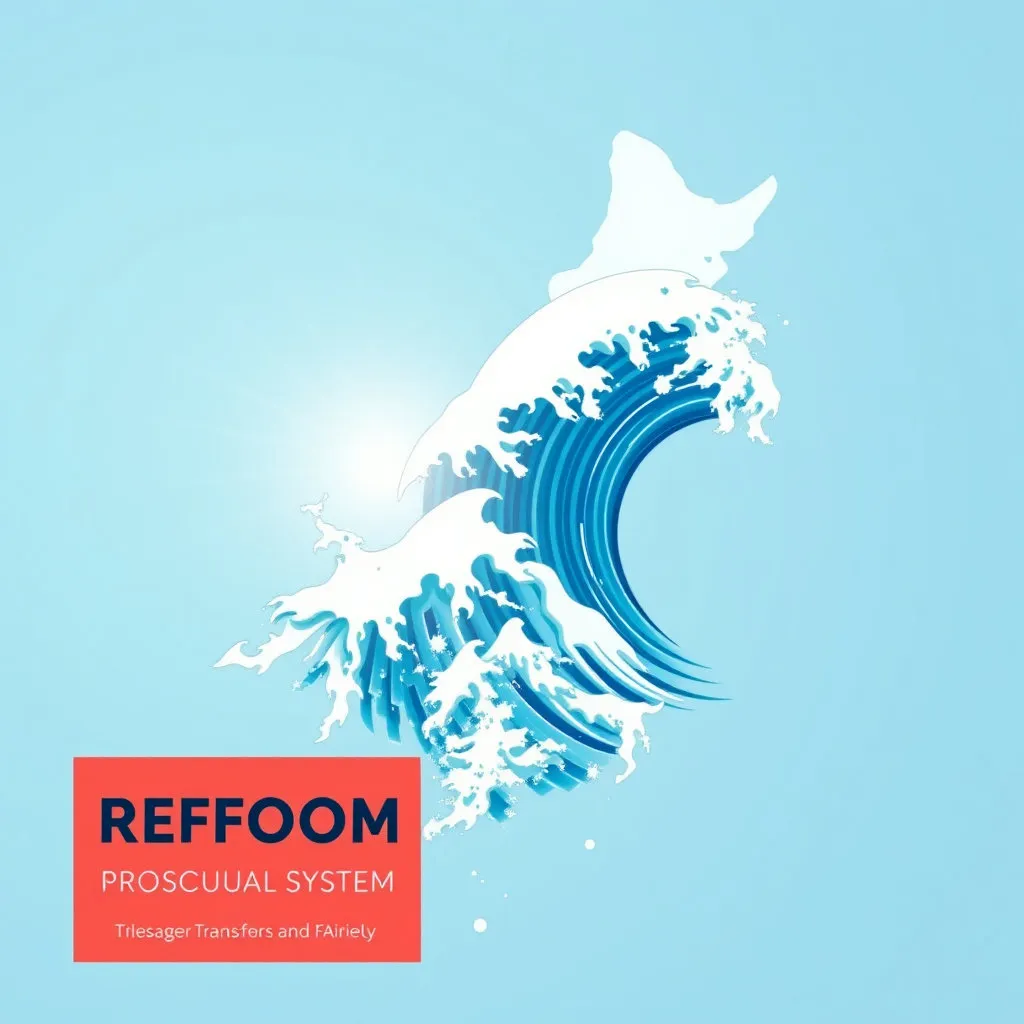 한반도 지도를 배경으로, 검찰 개혁을 상징하는 잔잔하면서도 강력한 물결이 퍼져나가며 사회 곳곳에 새로운 활력을 불어넣는 이미지입니다. 투명성과 공정성이라는 물결이 퍼지는 듯한 느낌을 줍니다.