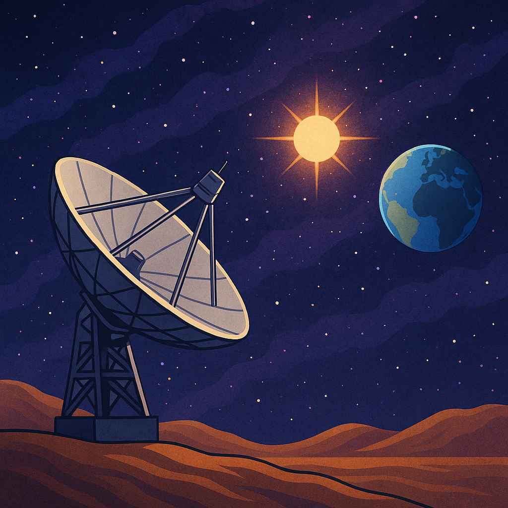 외계 생명체 탐사를 상징하는 전파망원경과 행성, 별이 함께 있는 디지털 이미지