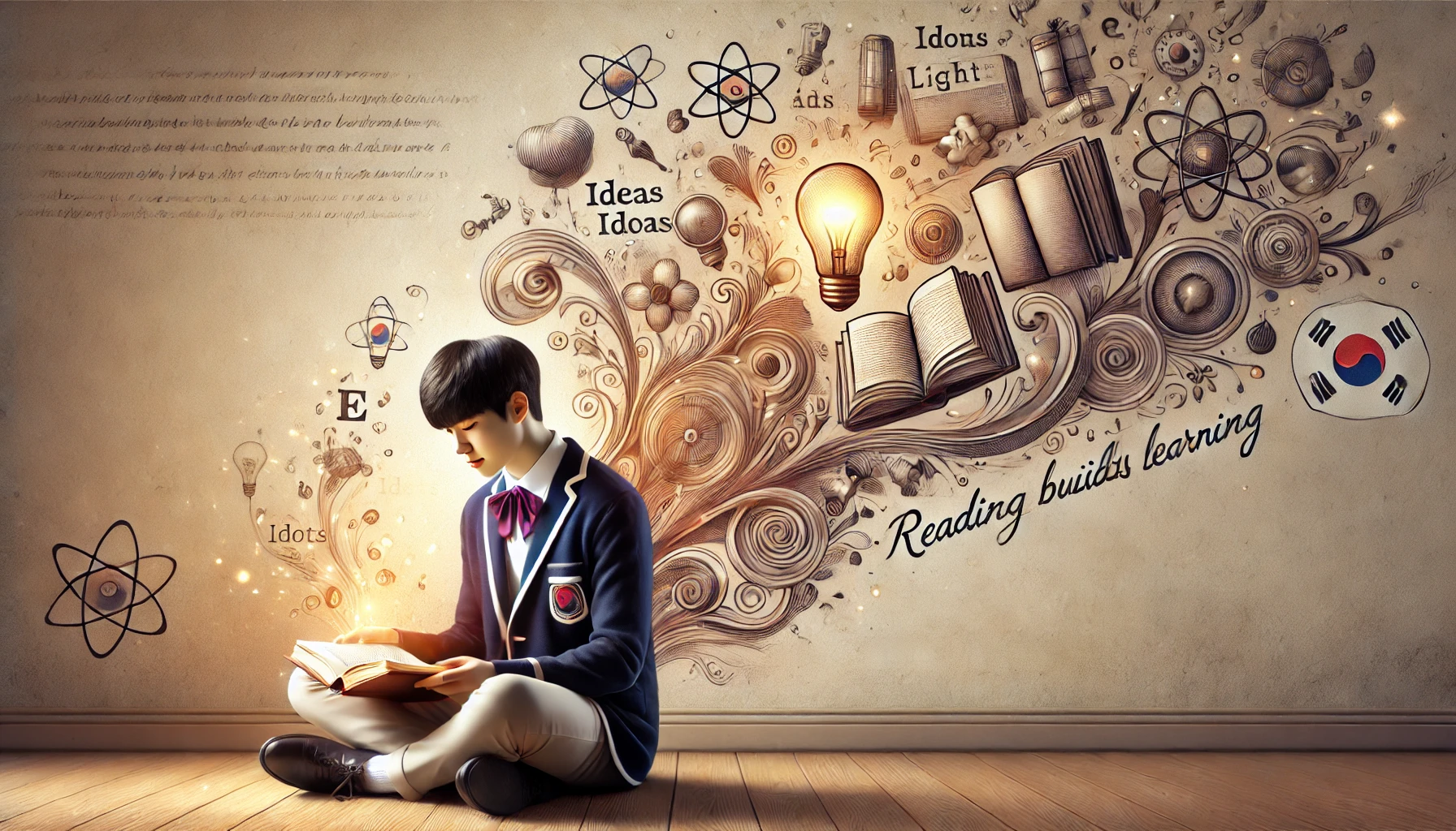 'Reading Builds Learning'이라는 영문 문구와 함께 독서가 지식의 세계로 이어지는 상징적 장면