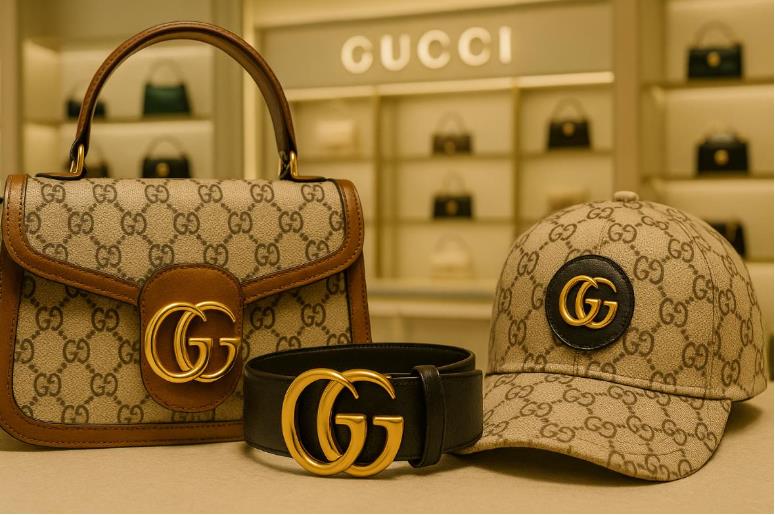 두 개의 G가 서로 맞닿은 로고 이미지가 있는 구찌 가방, 허리띠, 모자