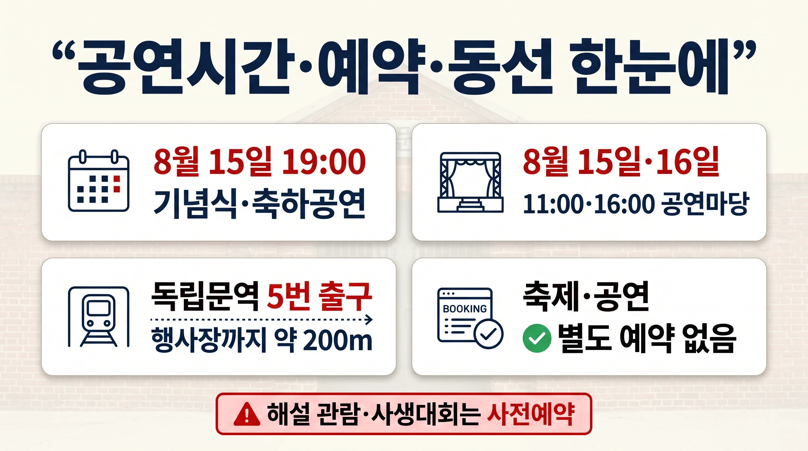 2026 서대문 독립민주축제 8월 15일과 16일 공연시간 및 독립문역 5번 출구 동선을 정리한 이미지