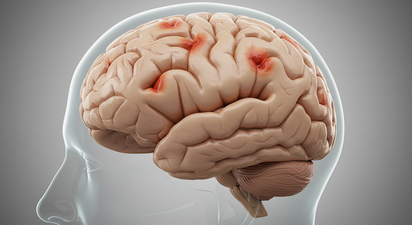 사람의 뇌에 붉은 병변이 표시된 의학 일러스트, 뇌 손상&middot;염증&middot;뇌졸중 등 신경계 질환을 표현한 이미지