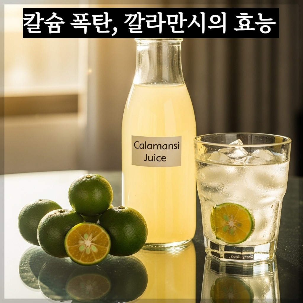 투명한 유리 테이블 위에 싱그러운 초록빛 깔라만시 열매 몇 알이 놓여 있고, 그 옆에는 맑고 노란 빛깔의 깔라만시 원액이 담긴 유리병과 얼음이 가득한 시원한 깔라만시 워터 한 잔이 황금빛 아침 햇살을 받아 영롱하게 반짝이는 치유 분위기의 실사 이미지