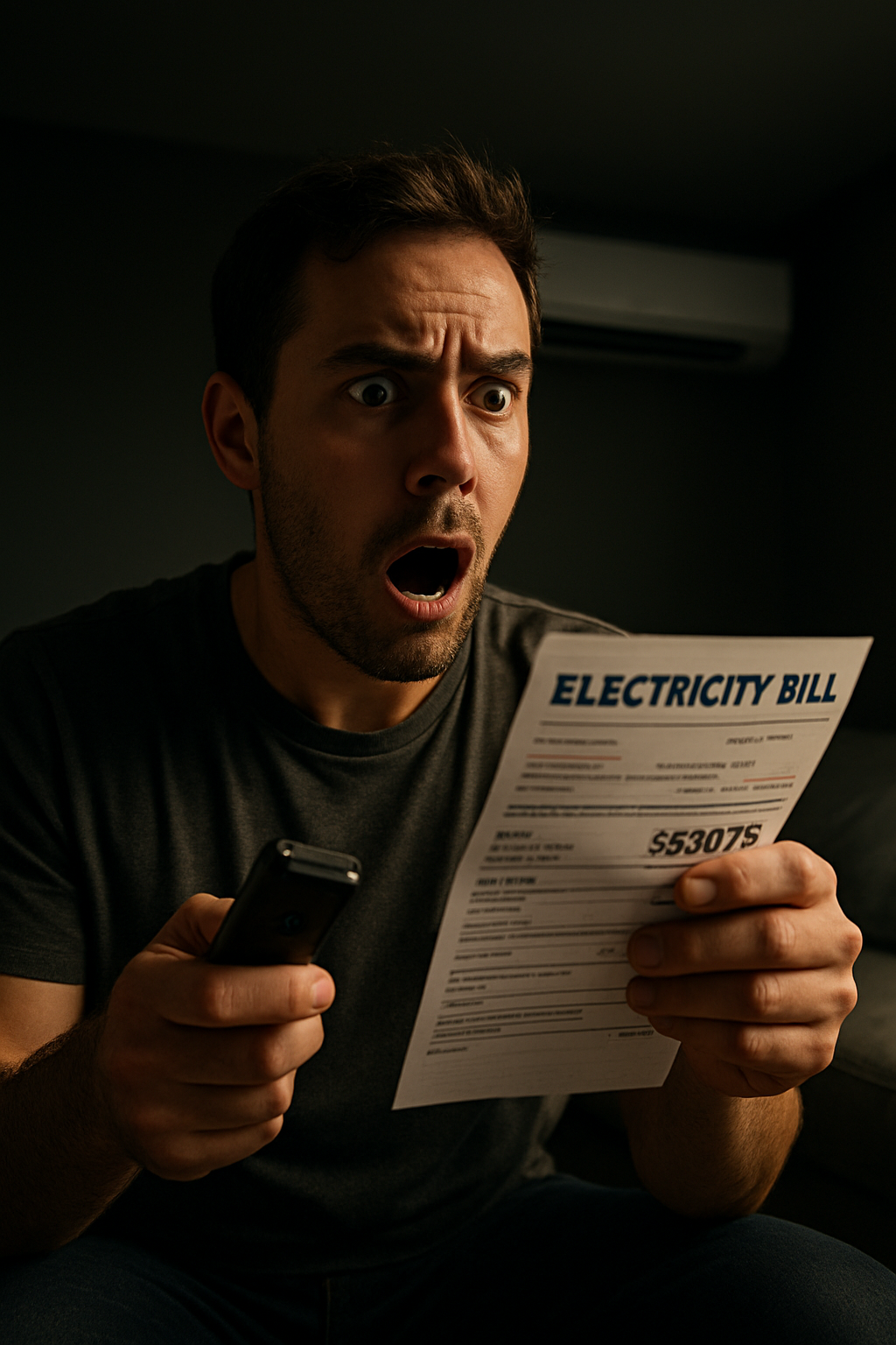 전기요금 고지서를 보고 놀라는 사람과 배경의 에어컨