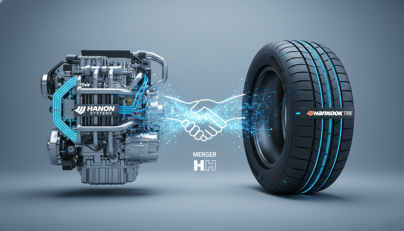 한온시스템의 열관리 부품과 한국타이어의 타이어가 디지털 브리지로 연결되는 모습을 형상화한 이미지