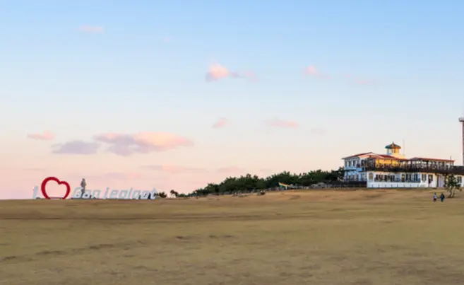 넓은 황금색 평야 위 흰색 전망대