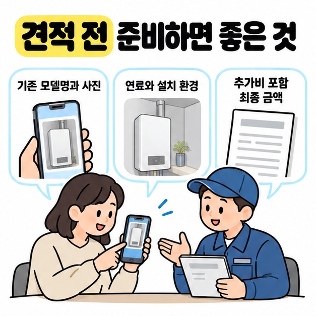 기존 모델명과 사진, 연료와 설치 환경, 추가비를 포함한 최종 금액을 준비하도록 휴대전화 사진과 설치 공간 및 견적서를 보여 주는 상담 장면
